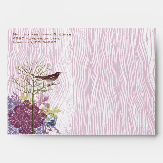 Berry Vintage Wood Grain Tree Bird Damask Envelope (Front)
