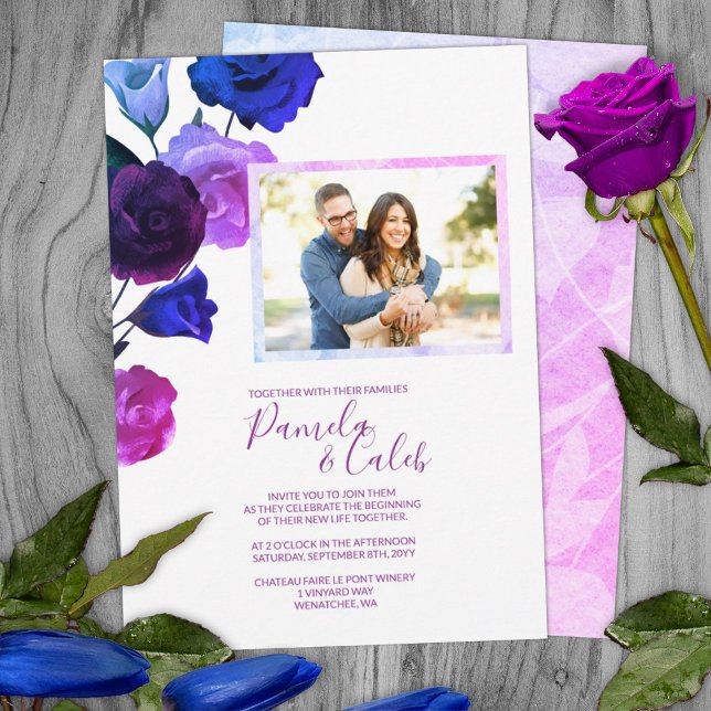 Berry Violet, Royal Blue, Pink Roses Wedding Invitation (Purple pink blue wine red wedding bouquet garden wedding summer botanical wedding invitations berry)