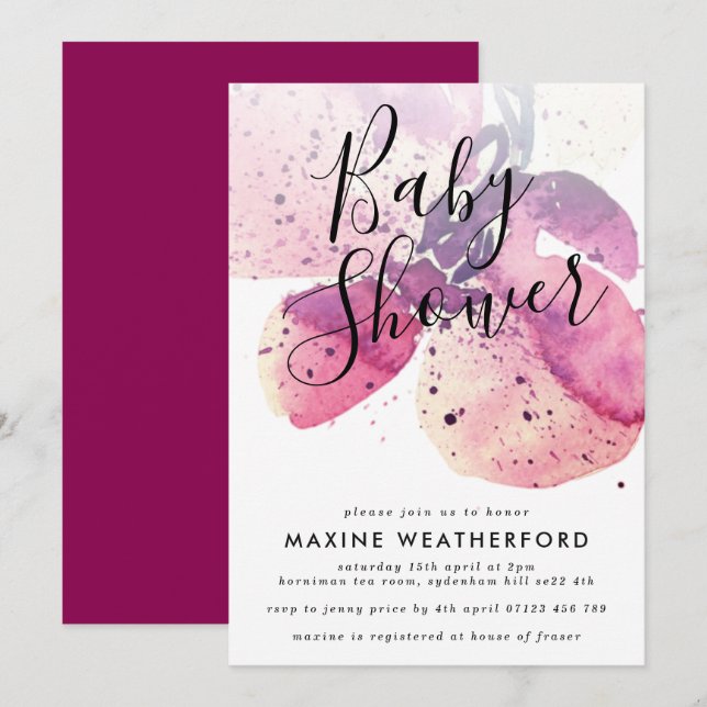 Berry Watercolor Orchid Baby Shower Invitation (Front/Back)