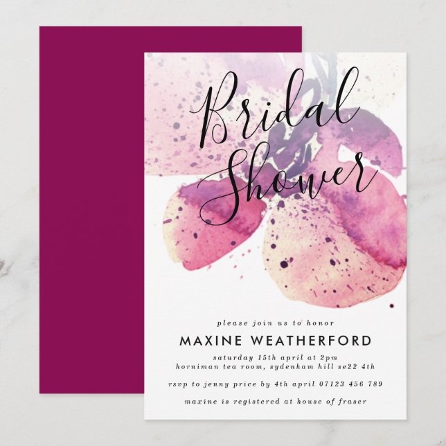 Berry Watercolor Orchid Bridal Shower Invitation (Front/Back)