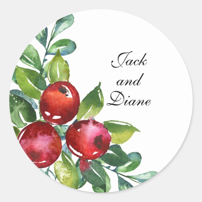 Berry Watercolor Stems Wedding Classic Round Sticker (Front)