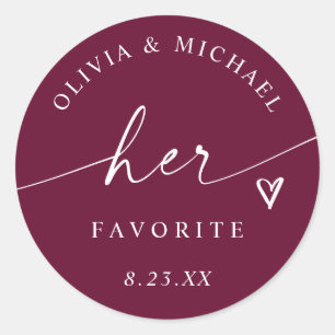 Berry Wine Her Favourite Script Wedding Treat Bag Classic Round Sticker