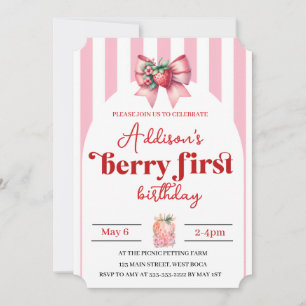 Berry with Bow 1st Birthday with Photo Invitation