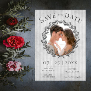 Berry Wreath and Stripes Photo Grey Save The Date