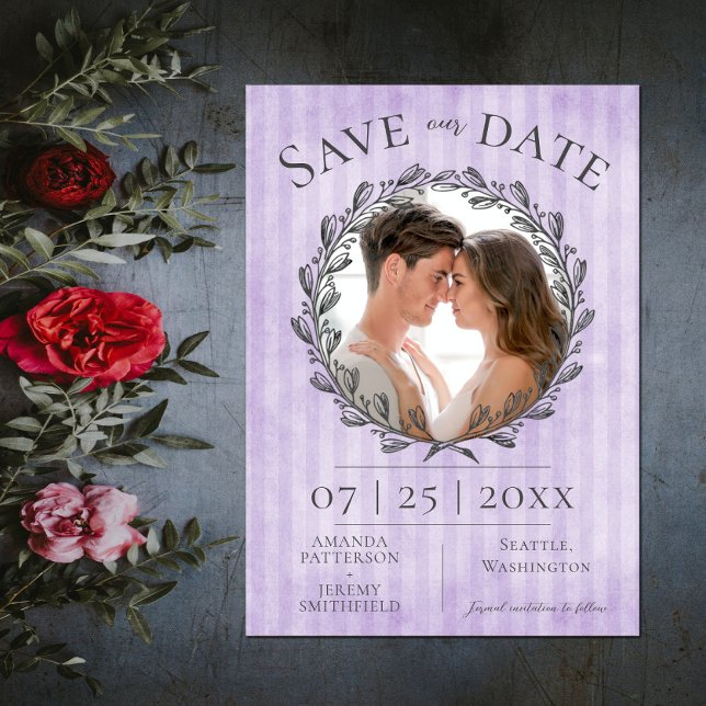 Berry Wreath and Stripes Photo | Purple Save The Date (Berry Wreath and Stripes Photo Save the Date - Purple)