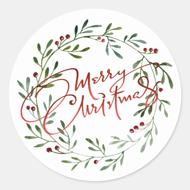 Berry Wreath Gradient Red Script Merry Christmas Classic Round Sticker (Front)