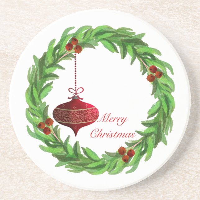 Berry Wreath Merry Christmas Vintage Ornament Coaster (Front)