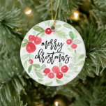Berry Wreath Merry Christmas Watercolor Ceramic Tree Decoration<br><div class="desc">Featuring our watercolor wreath with modern brush script.</div>