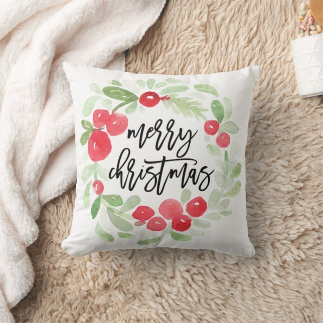 Berry Wreath Merry Christmas Watercolor Cushion (Blanket)