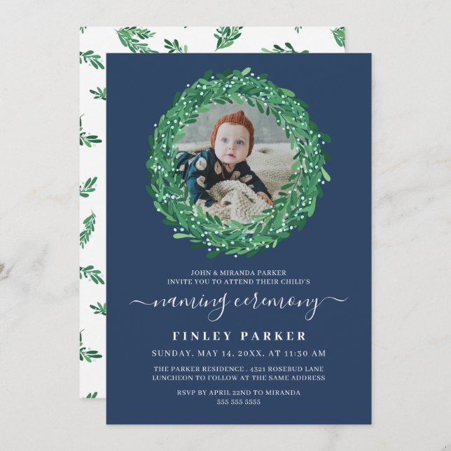 Berry Wreath Navy Blue Naming Ceremony Photo Invitation (Front/Back)