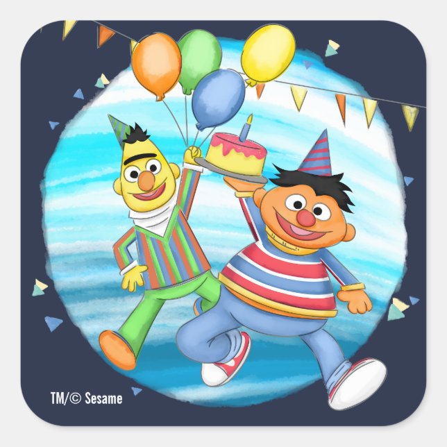Bert and Ernie Birthday Balloons Square Sticker (Front)