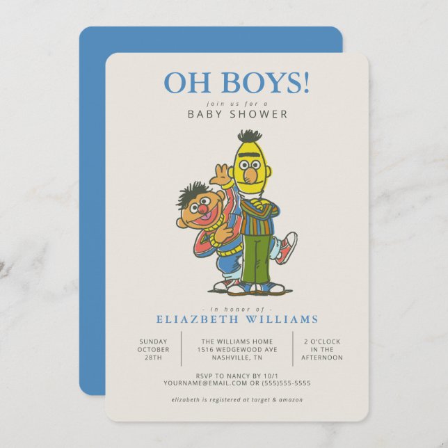 Bert & Ernie Twin Boys Baby Shower Invitation (Front/Back)