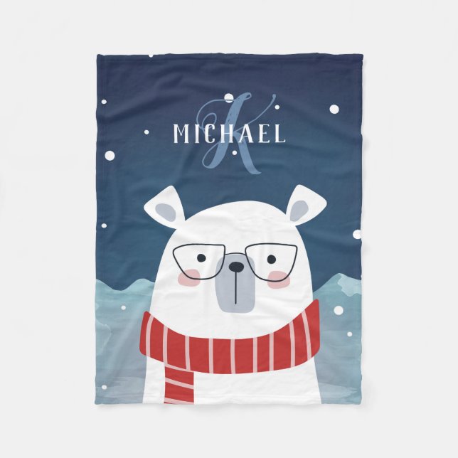 Bespectacled Polar Bear | Monogrammed Fleece Blanket (Front)