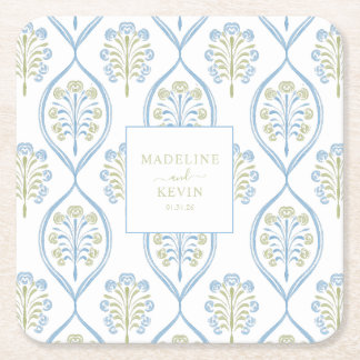 Bespoke Blue and Green Floral Wedding Pattern Square Paper Coaster