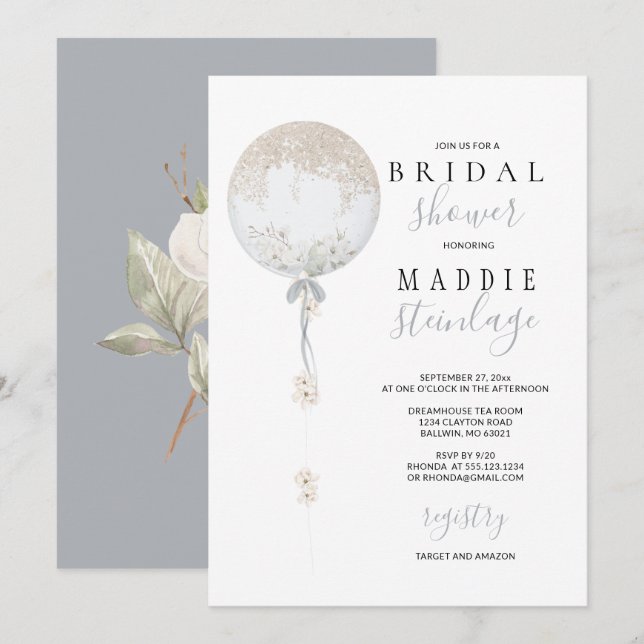 Bespoke Floral Balloon Bridal Shower Invitation (Front/Back)