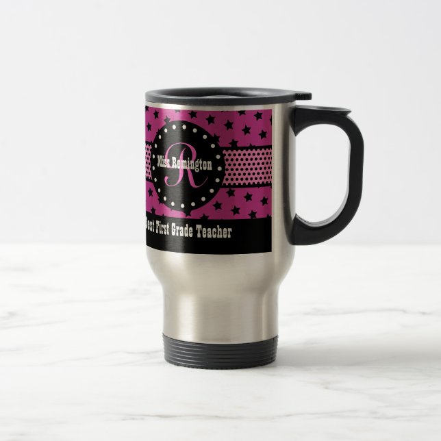 Best 1st GRADE TEACHER Monogram Pink Patterns V02 Travel Mug (Right)
