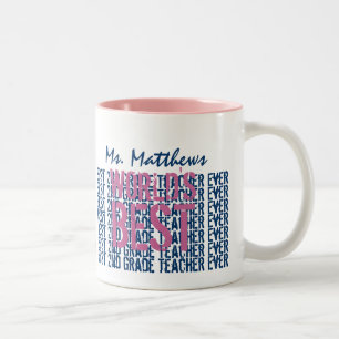 Best 2nd Grade Teacher Add Name Blue Pink B32 Two-Tone Coffee Mug