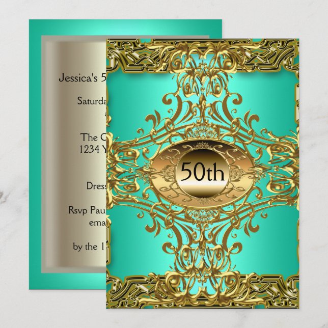 Best 50th Gold Teal Birthday Party Invitation (Front/Back)
