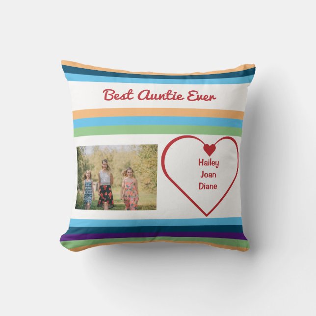 Best Aunt Ever BAE Photo Hearts Names Colour Bands Cushion (Front)