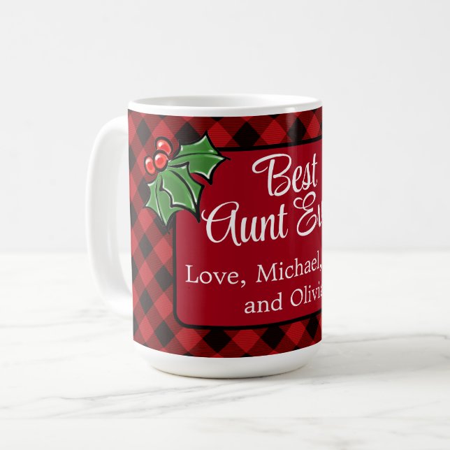 Best Aunt ever Christmas classic Red Plaid Holly  Coffee Mug (Front Left)