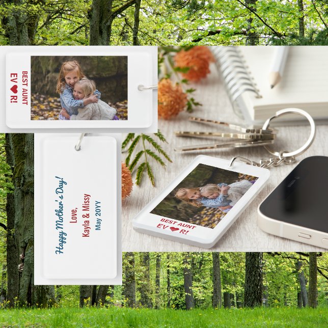 Best Aunt Ever Heart Mother's Day Photo Keepsake Key Ring (Best Aunt Ever. Heart. Personalized photo keychain. Elegant, modern Mother's Day bday gift for BAE)