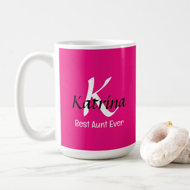 Best Aunt Ever Monogram Hot Pink Cute Gift Coffee Mug (With Donut)