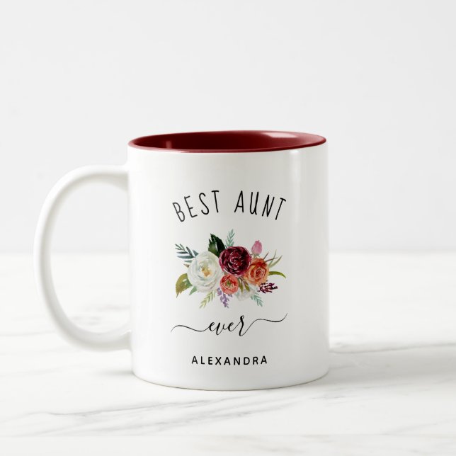 Best Aunt Ever | Trendy Burgundy Boho Floral Two-Tone Coffee Mug (Left)