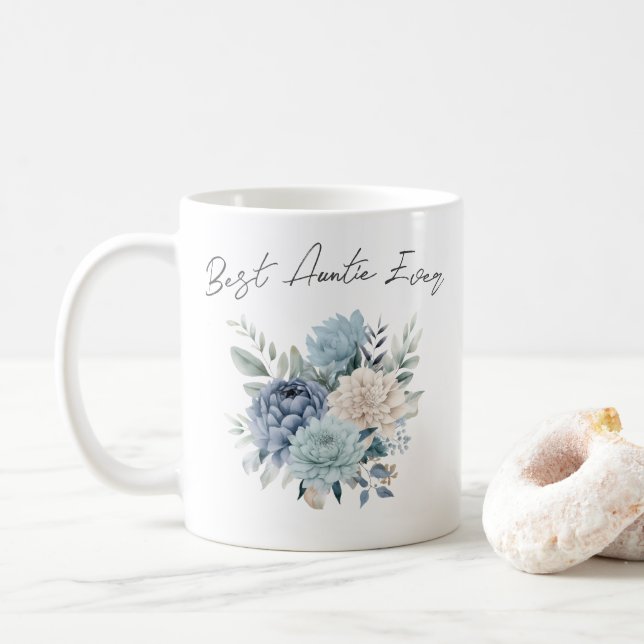 Best Auntie Ever blue flowers watercolor Coffee Mug (With Donut)