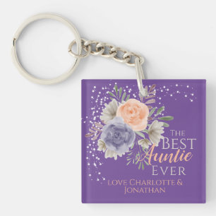 Best Auntie Ever Purple Floral Peony Rose Key Ring