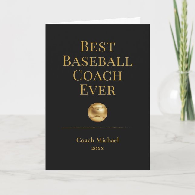 Best Baseball Coach Ever Elegant Black Gold Gift Thank You Card (Front)