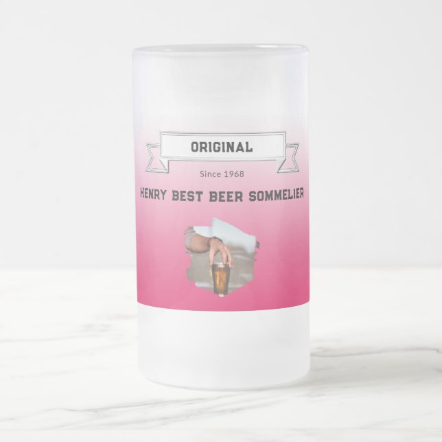 Best Beer Sommelier & Red White Gradient & Photo Frosted Glass Beer Mug (Center)