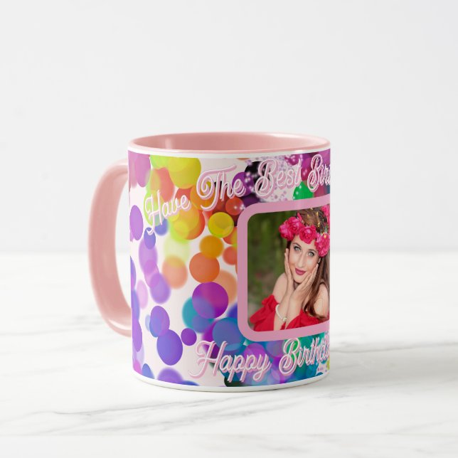 Best Birthday Ever Colourful Bokeh Pink Photo Name Mug (Front Left)