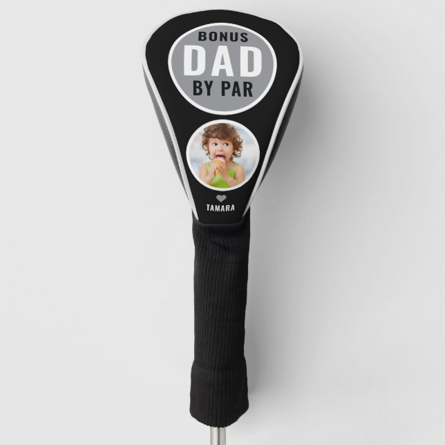 Best Bonus Dad By Par Golf Gift Name Photo Black Golf Head Cover (Front)