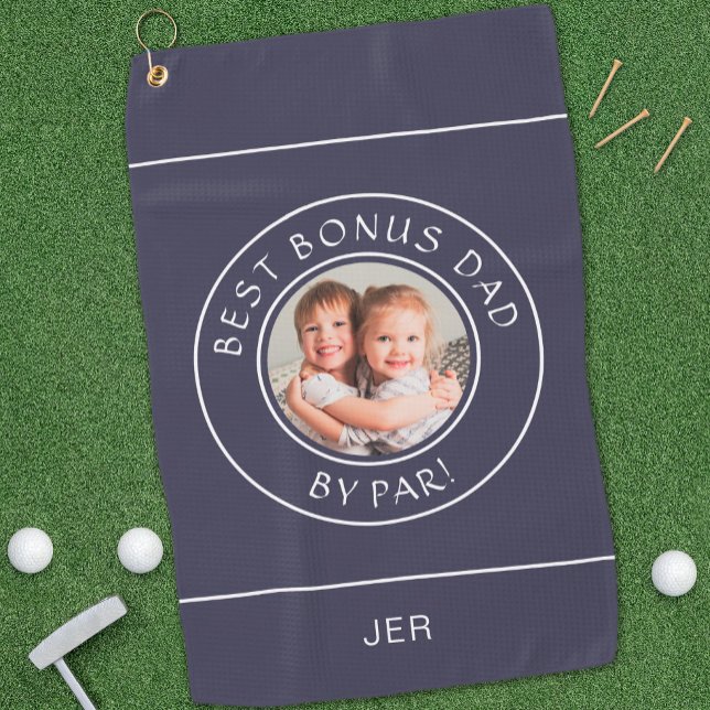 Best Bonus Dad By Par Golfer Photo Gift Blue White Golf Towel (Best Bonus Dad By Par Golfer Photo Gift Blue White Golf Towel)