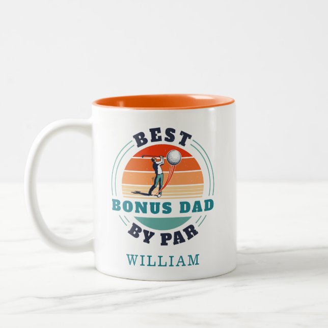 Best Bonus Dad By Par Retro Stepdad Birthday Two-Tone Coffee Mug (Left)