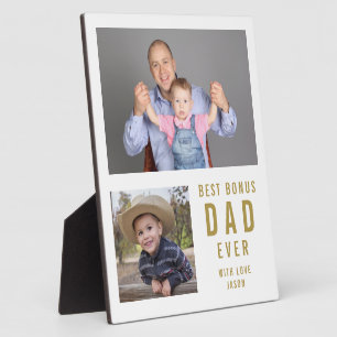 Best Bonus Dad Ever 2 Photo Collage White And Gold Plaque