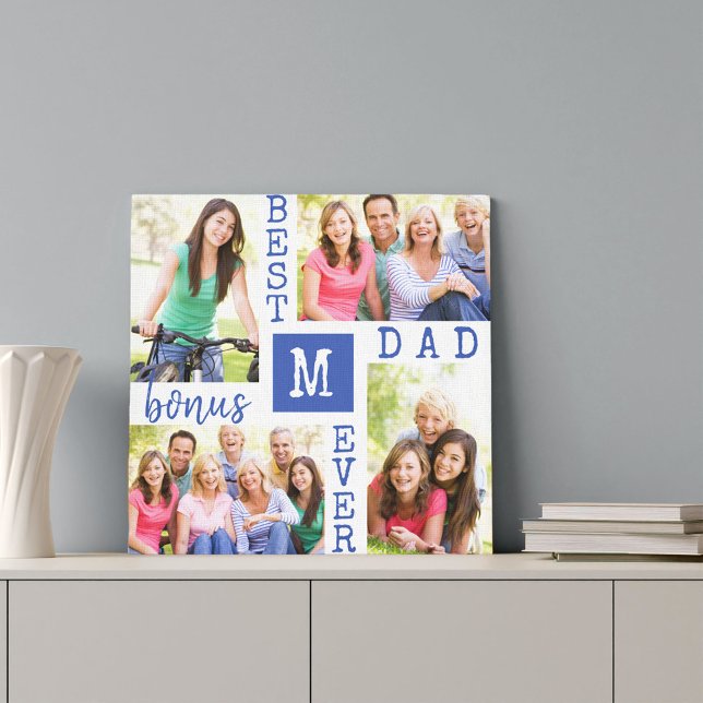 Best Bonus Dad Ever Blue White 4 Photo Collage Canvas Print (Creator Uploaded)