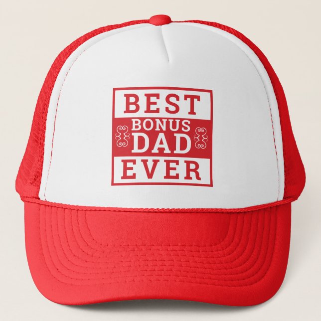 Best Bonus Dad Ever Stepdad Father's Day Red Trucker Hat (Front)