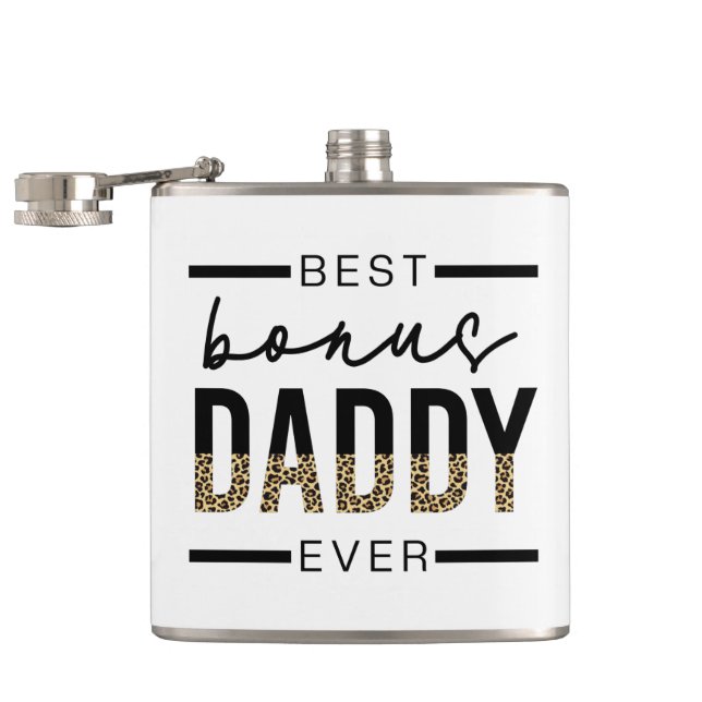 Best Bonus Daddy Ever Leopard Typography Hip Flask (Opened)