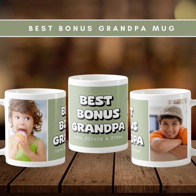 Best Bonus Grandpa Grandchildren 2 Photo Green Coffee Mug (Creator Uploaded)
