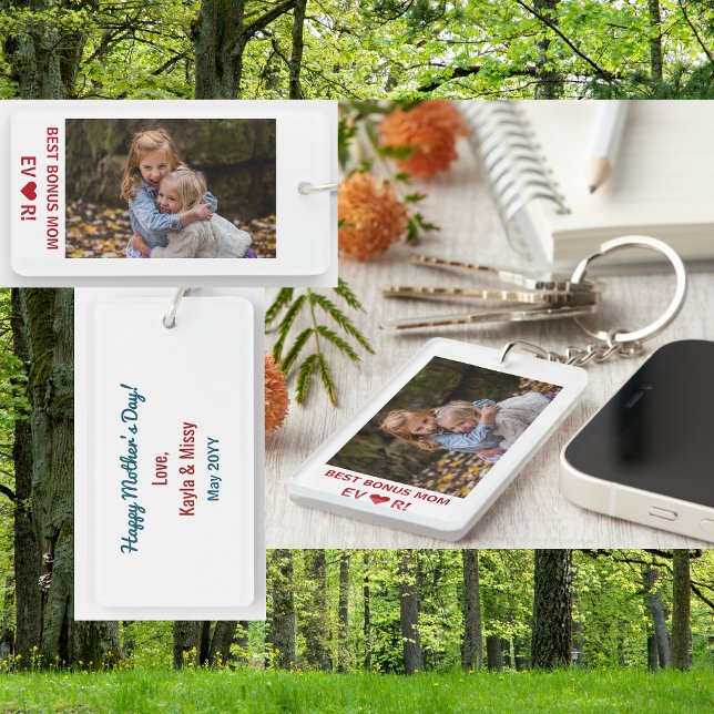 Best Bonus Mum Ever Mother's Day Photo Keepsake Key Ring (Best Bonus Mom Ever. Heart. Personalized photo keychain. Elegant, modern Mother's Day birthday gift)