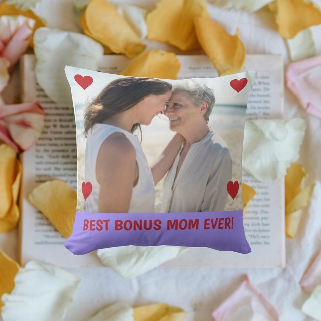 Best Bonus Mum Ever Photo Hearts Mother's Day Bday Cushion (Best Bonus Mom EVER! Hearts on Personalized Photo. Modern Mother's Day gift for Stepmom / Second Mom)