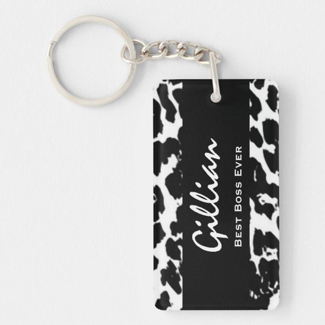 Best Boss Ever Custom Name Black White Leopard Key Ring (Front)