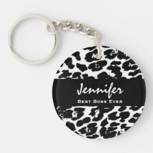 Best Boss Ever Custom Name Black White Leopard Key Ring