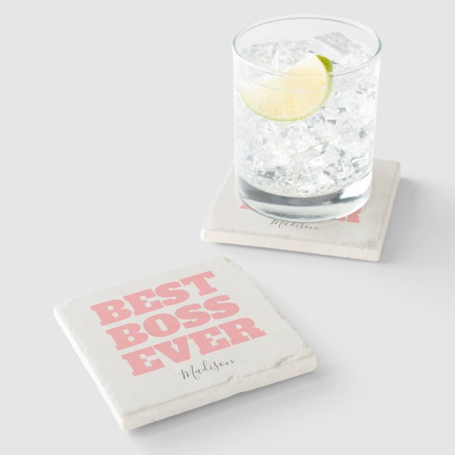 Best Boss Ever Pink Typography Script Personalised Stone Coaster (Side)