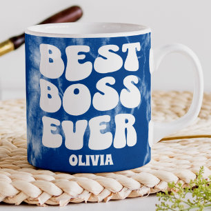 Best Boss Ever Retro Blue Tie Dye Custom Name Large Coffee Mug