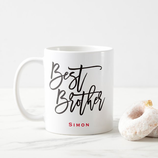 Best Brother Black Script Typography Red Name Gift Coffee Mug (With Donut)