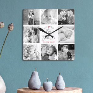 Best Bubbie Ever 8 Photo Collage Modern Script Square Wall Clock