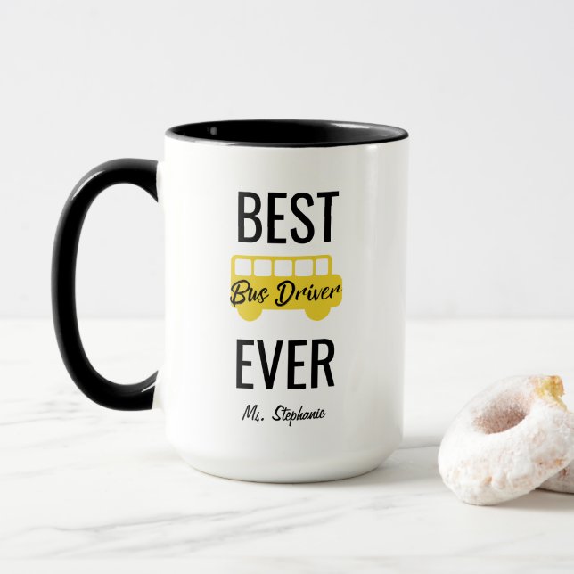 Best Bus Driver Ever Personalised Yellow Black Mug (With Donut)