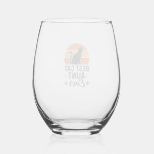 Best Cat Aunt Ever Vintage Sunset Cat Shirt Design Stemless Wine Glass